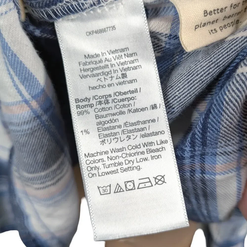 Madewell Hartfield Flannel Plaid Shirt M White Blue Peach Boxy Side Slit Button
